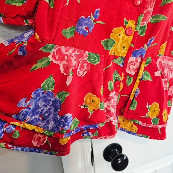 Vintage Richard Warren Silk Blouse Women Sz 10 Red Peplum 80s Glam Floral Girly - Picture 3 of 9